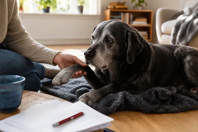 En ældre hund hos dyrlægen understreger vigtigheden af hundeforsikring til ældre hunde