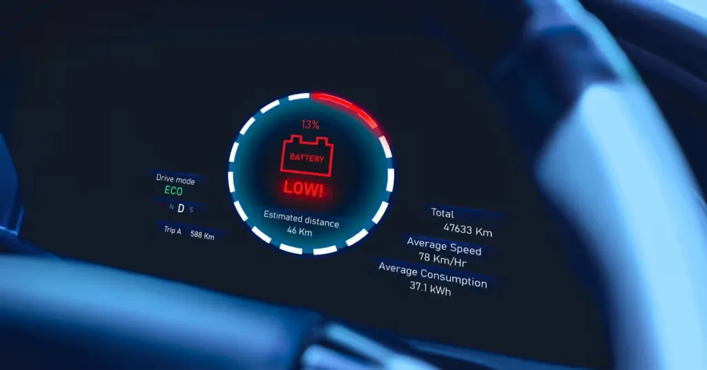 Foto af instrumentbræt der indikerer lavt batteri på en elbil