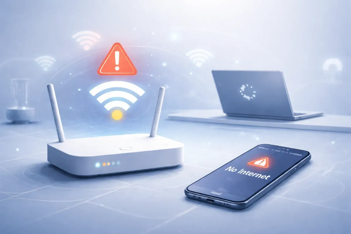 Illustration af router, laptop og smartphone med advarsel om dårlig eller manglende internetforbindelse.
