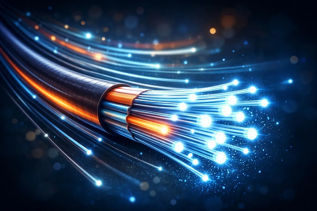 Illustration af fiberoptisk kabel med lysende fibre, der symboliserer hurtigt fibernet og højhastighedsinternet.