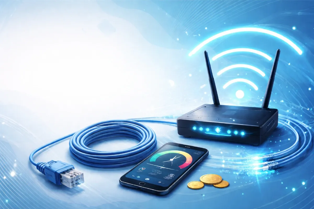 Illustration af en simpel Wi-Fi router med antenner og et ethernetkabel på en lys blå baggrund, der symboliserer internetforbindelse og bredbånd.