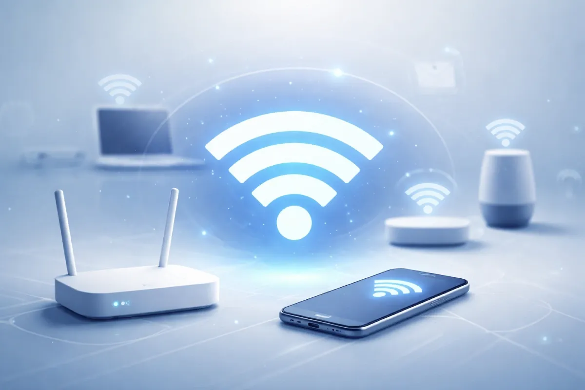 Illustration af WiFi-forbindelse med router og forskellige enheder som smartphone og computer, der er trådløst forbundet til internettet.