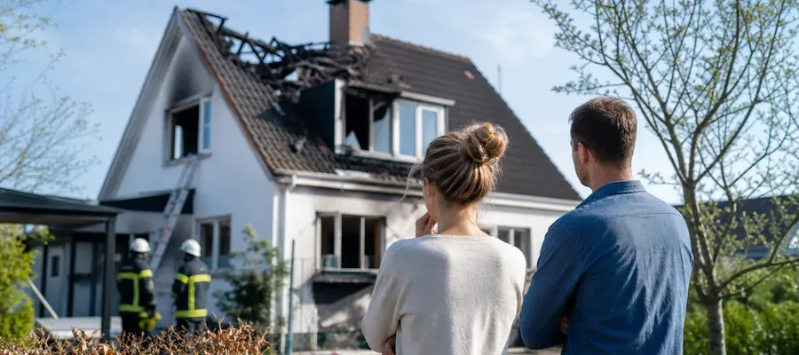Brandskadet hus med synlige røgskader på facade og tag, dækket af husforsikring