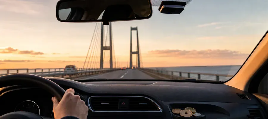 Bil krydser Storebæltsbroen, hvor nummerpladebetaling automatisk registrerer passagen