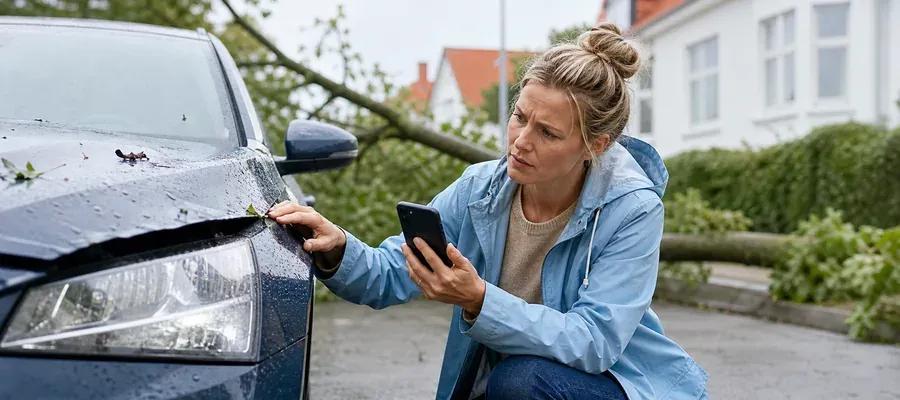Oversvømmet vej med bil under kraftig regn – vejrskader kan påvirke prisen på bilforsikring