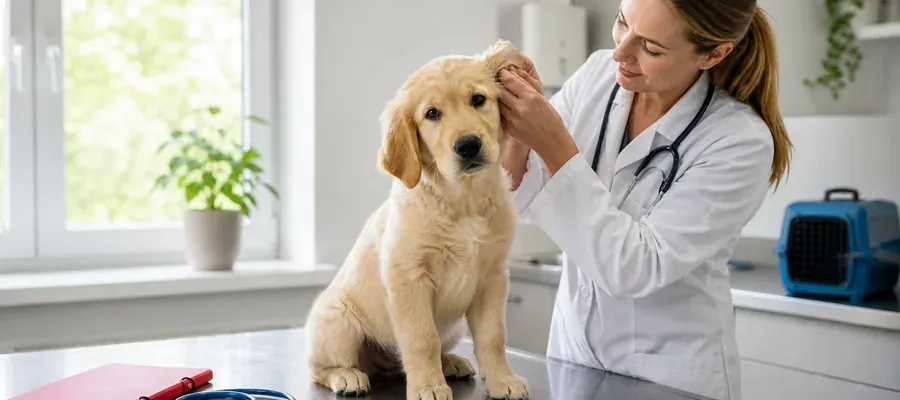 Hund hos dyrlægen mens ejeren sammenligner priser på hundeforsikring på tablet