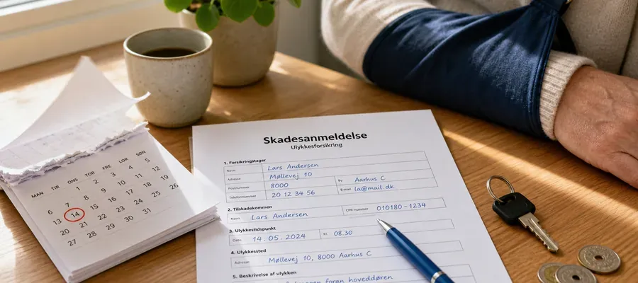 Kalender og skadesanmeldelse illustrerer fristen for anmeldelse af skade på ulykkesforsikring
